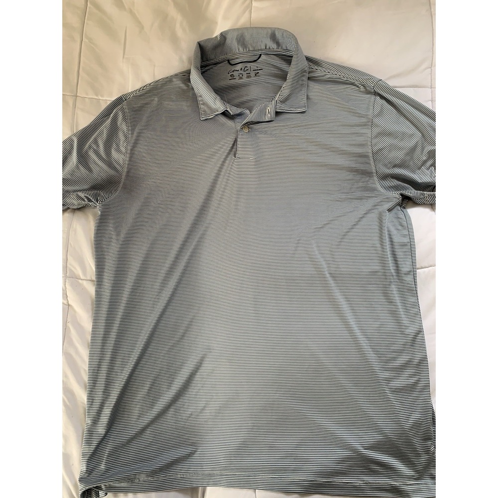 Cotton & Co Mens Golf Polo Blue/White Striped Short Sleeve Size Large Breathable